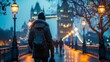 Solo Traveler Enjoying a Twilight Stroll near Iconic London Bridge