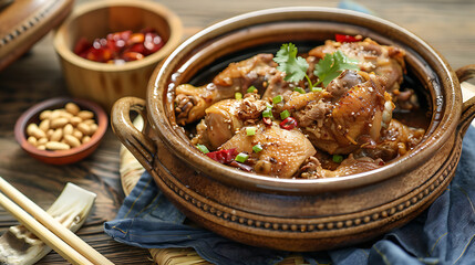 Wall Mural - The central focus of the image is a brown ceramic bowl containing a cooked chicken dish
