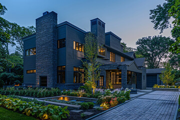 During the serene blue hour, a modern charcoal grey home stands out against lush green surroundings. Brick, stone, and precise landscaping create an inviting ambiance.