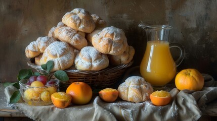 Sticker -  A table, adorned with oranges and pastries, graces the countertop, while a basket of juicy oranges and a pitcher of orange juice rest nearby