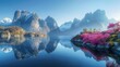  A colorful digital artwork of a serene mountain lake surrounded by pink blossoms, set against the backdrop of majestic mountains