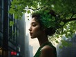 Une femme urbaine avec des feuilles vertes dans les cheveux et un paysage urbain en arrière-plan., envie de retour à la nature 