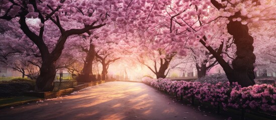 Wall Mural - A stunning natural landscape with a road lined by cherry blossom trees at sunset, creating a beautiful magentatinted scene. The twigs and grasses add to the picturesque event
