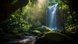 Panoramic view of a waterfall in a tropical rainforest during summer