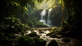 Fototapeta Londyn - Beautiful tropical waterfall in deep rainforest. Panoramic view