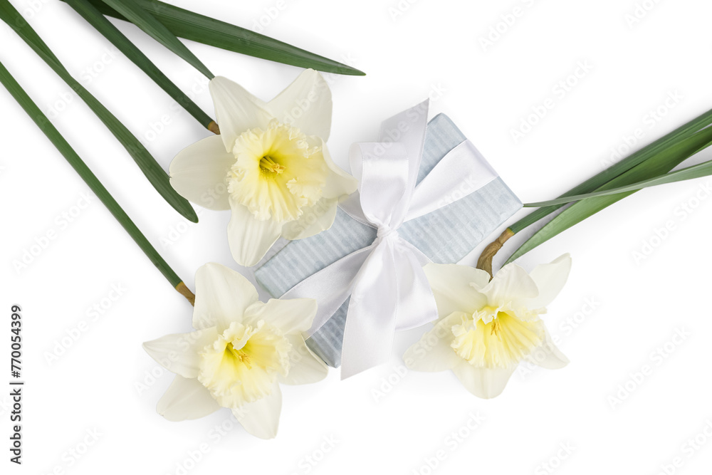 Gift box with daffodil flowers on white background