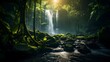 Panorama of a beautiful waterfall in the rainforest at night.