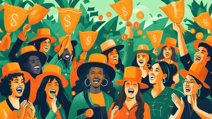 Wall Mural - A crowd of union workers and retail employees, all wearing orange top hats. They're cheering and carrying bags of money. In the background there are rising,generative ai