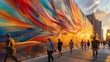 A dynamic, abstract mural that spans the length of a city street, with pedestrians pausing to view and interact with the art.