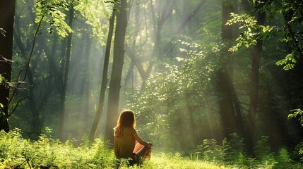 Wall Mural - A content woman enjoying a moment of solitude in a lush green forest, surrounded by towering trees and dappled sunlight