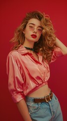 Wall Mural - A fashionable young woman with golden locks, radiating happiness and positivity, wearing trendy 80s attire and posing confidently against a solid background