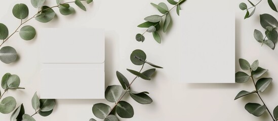 Two mockups of wedding invitation cards sized at 5x7 on a neutral grey background featuring eucalyptus leaves. Additionally, a minimal blank card mockup for a bridal shower, a thank you card,