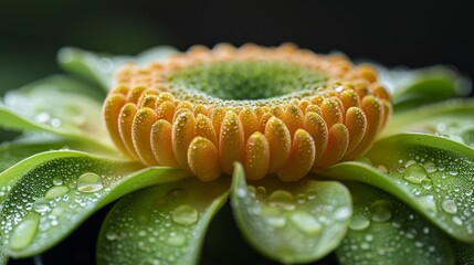 Wall Mural -  A detailed photo of a blossom featuring droplets of H2O on its petals and a verdant core against a dark backdrop