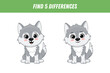 Find five differences between two pictures of cute cartoon wolf. Activity page. Vector