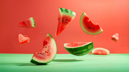 Wall Mural - Stack of watermelon falling or flying.Creative levitation food with Horizontal frame.