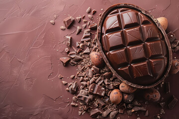 Wall Mural - Overhead view of half a chocolate easter egg full of sweet chocolate treats