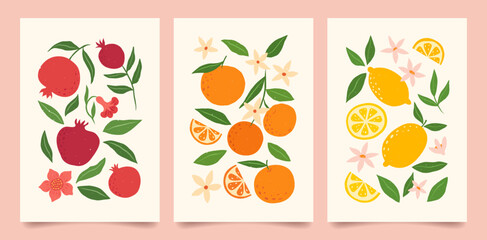 Wall Mural - Collection of abstract fruit contemporary art print. Modern poster with hand drawn oranges, lemons and pomegranates. Trendy design for wallpaper, wall decor, postcard, cover, packaging.