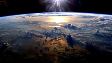 Wall Mural -  A picture taken from space shows the sun shining behind clouds while Earth is placed in front, creating an impressive view