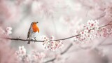 Fototapeta Mapy -  A little bird perched atop a tree's branch, surrounded by pink blossoms in the foreground and a gray backdrop