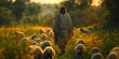 Jesus Christ as a Shepherd: Protecting and Grazing Sheep and Goats in a Green Field. Concept Christianity, Jesus Christ, Shepherd, Biblical, Field