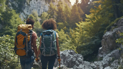 A couple of individuals with backpacks walking down a trail in a natural mountain outdoor setting