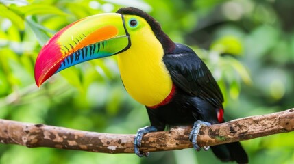 Poster -  A toucan perched on a tree branch against a green leafy backdrop with red, yellow, blue, and green feathers