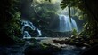 Panoramic view of waterfall in deep rainforest. Long exposure
