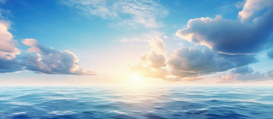Wall Mural - the sun is casting its rays through the cumulus clouds over the liquid horizon of the ocean, creatin