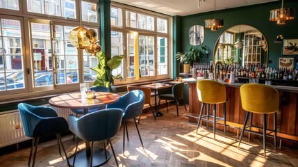 Sticker -  A cluttered room filled with chairs, a table laden with bottles, and a clock mounted on the wall