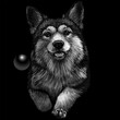 A Pembroke Welsh Corgi dog. A black and white, graphic image of a dog running after a ball. 