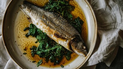 Poster -  A fish on a green leafy bed on a white tablecloth