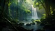 Panoramic view of a beautiful waterfall in a tropical forest.