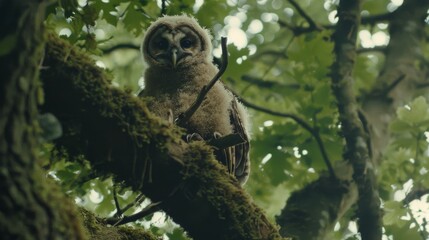 Poster -  A moss-covered owl rests on a branch against a lush green background in the tree