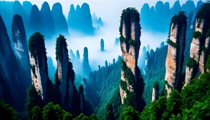 a picture of a mountain with trees and misty foggy in the background