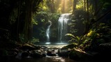 Fototapeta Londyn - Panoramic view of a beautiful waterfall in the rainforest.