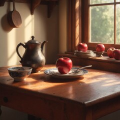 Wall Mural - Cozy rustic kitchen interior with apple fruits on old wooden table.