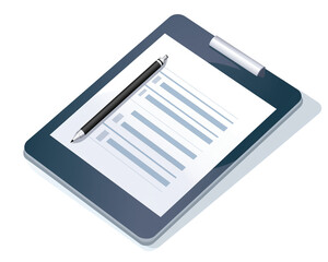A digital tablet with a blank page and a pen on a white background