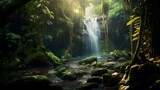 Fototapeta Londyn - Panoramic view of a waterfall in a tropical rainforest.