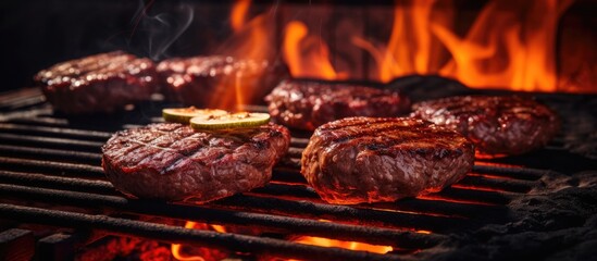 Canvas Print - Close-up view of a grill with delicious steaks sizzling and cooking on the hot grates, giving off a mouth-watering aroma