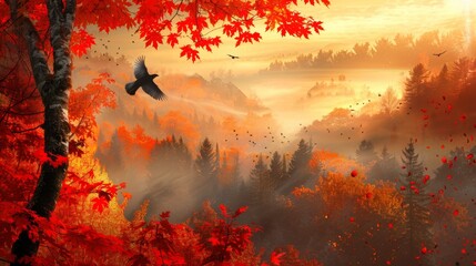 Wall Mural -  A bird flying above a forest, painted with red leaves in the background
