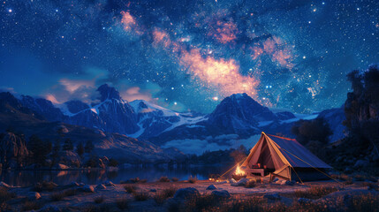 A tent is set up in front of a mountain range