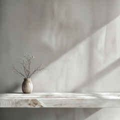 Poster - Whitewashed wooden shelf with a rustic vase and dry branches against a textured wall with shadows. Minimalist still life and interior design concept with copy space. High quality photo