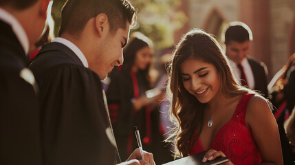 A candid shot of graduates signing each other's yearbooks and leaving heartfelt messages - love and purity, beauty and lightness, happiness and joy