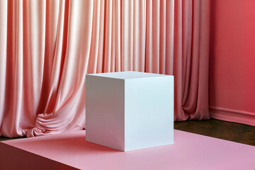 Poster - White cubic display stand with a coral pink satin curtain background. Modern product presentation concept. High quality photo