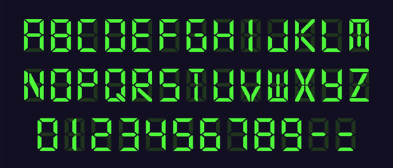 Poster - Green Digital Display Font with Alarm Clock Letters, Electronic Alphabet, Retro Calculator Symbols, LCD Monitor Characters, and Scoreboard Digits. Vector EPS 10