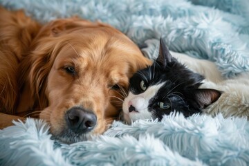 Wall Mural - a golden retriever dog and a black and white cat snuggling on a light blue fuzzy blanket