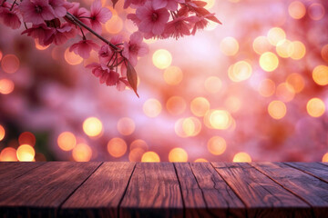 Fototapete - Rustic wooden surface with delicate cherry blossoms extending over a lights bokeh background. High quality photo
