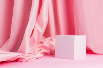 Poster - White cube with pink satin fabric background. Minimalist product display. High quality photo