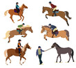 a set of vector illustrations of jockeys on horseback. The theme of equestrian sports, training and competitions. Isolated on a white background