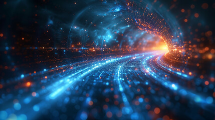 a blue and orange tunnel with a bright orange light at the end. ai.